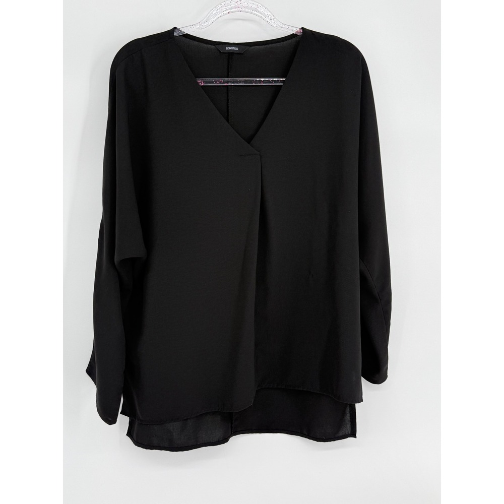 Dokotoo Womens Black V-Neck Draped Front High-Low Blouse Tunic Top Sz L